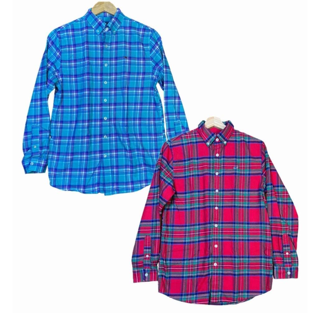 Vineyard Vines Whale Button Down Flannel Shirt Plaid Boys L 16 Bundle 2 Pc